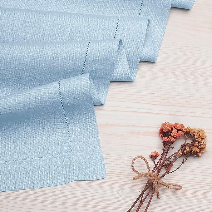 D'Moksha Homes Linen Powder Blue Table Runner 60 Inches - Classic Hemstitch, 100% Pure Linen Coffee Table Runner 14 x 60 Inch Ideal for Dresser Tables - Spring, Easter