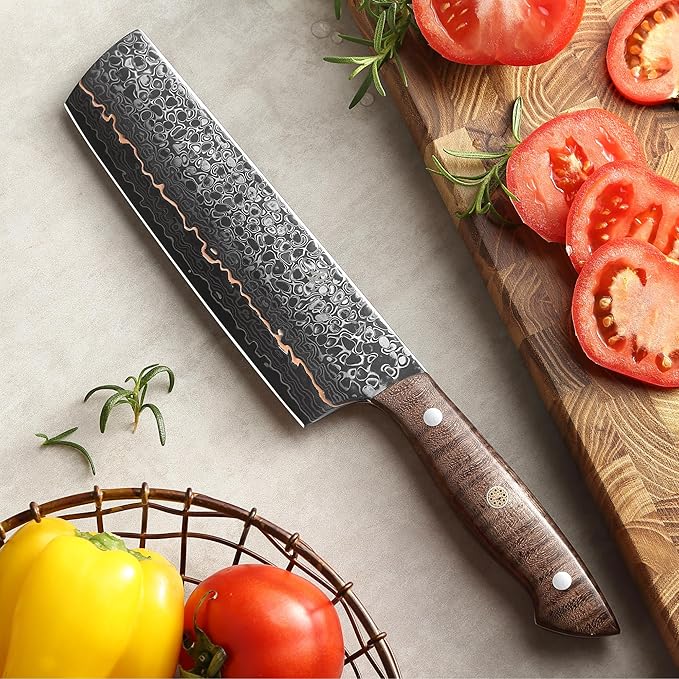Wakoli Kawa Nakiri Knife, 7.1-Inch Blade Damascus Chef Knife | 67-Layer Damascus Steel with VG10 Core | Copper Inlay | Maple Stabilized Wood Handle | Professional Kitchen Knife