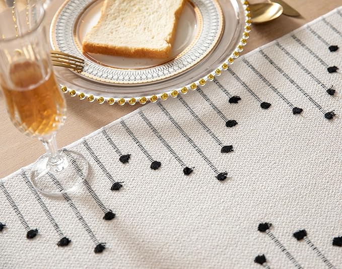 Boho Table Runner 13 x 48 Inch Long Natural Cotton Woven Runner with Tassels for Home Dining Table décor, for Modern Farmhouse Decor Coffee Table Runner, Black and Beige