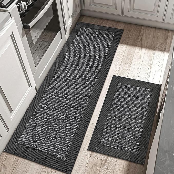 BEQHAUSE Kitchen Rugs and Mats Set of 2 Non-Slip Kitchen Mats for Floor, Absorbent and Stain Resistant Kitchen Runner, Machine Washable Rugs for Kitchen, Laundry & Sink, 20"x32"+20"x48", Charcoal