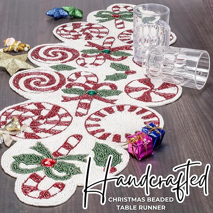 Luxury Beaded Runner 36 inch- Premium 13x36 Inch Candy Beaded & Polyester Christmas Beaded Runner - Decor for Home, Dining Tables, Weddings & Holiday Celebrations (White Red Green) - ALPHA Living HOME
