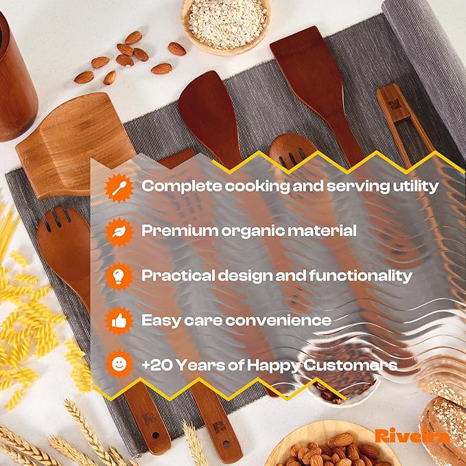 Riveira Premium Brown Bamboo Wooden Spoons for Cooking Set of 9 – Brown Bamboo Wooden Cooking Utensils, Wooden Spatula & Spoon - Premium Quality Utensil Set for Non-Toxic Cooking