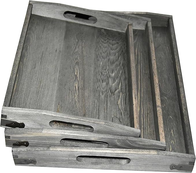 Owlgift Vintage Grey Wood Serving Trays with Brass Metal Wrap Accents, Set of 3