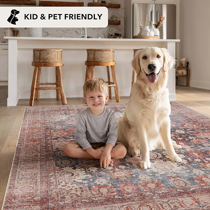 Kuden 8x10 Large Area Rug, Machine Washable Area Rug with Non-Slip Backing, Vintage Style, Soft, Easy Clean, Low Pile Rug for Living Room, Bedroom, Dining Room