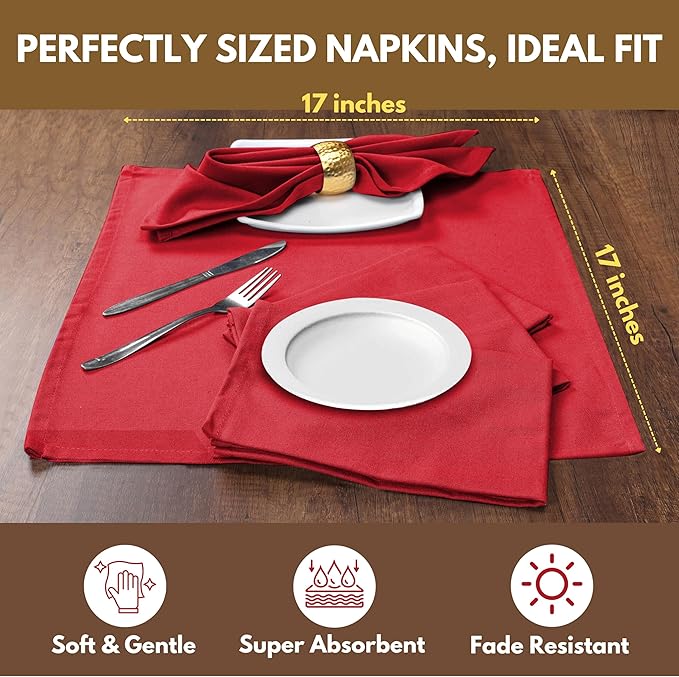 Native Fab Cloth Napkin Set of 12, 100% Cotton, Washable, Reusable Dinner Cloth Napkin 17x17 inches, Table Decor Napkins for Dinner, Events, Red