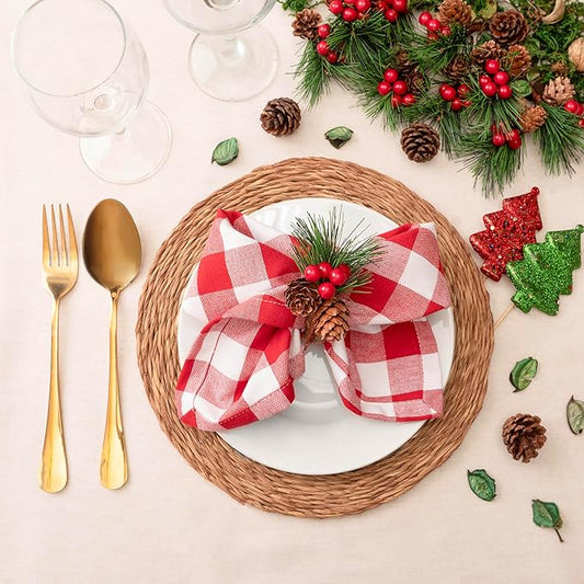 Blue Needles Gingham Buffalo Plaid Cloth Napkins 100% Cotton Set of 12 Dinner Table Napkins 18x18 inch Soft, Reusable, Washable Perfect for Valentine's Day Parties & Everyday Use - Red & White