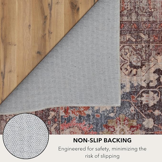 Kuden 2'6"x7' Runner Rug, Machine Washable Area Rug with Non-Slip Backing, Vintage Style, Soft, Easy Clean, Low Pile Rug for Hallway, Entryway, Kitchen, Bedroom