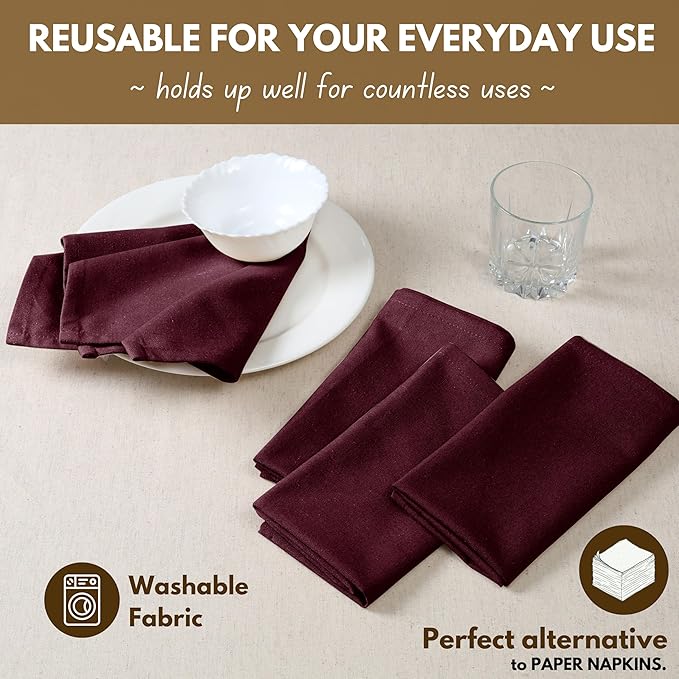 Native Fab Cloth Napkins, Set of 12, 17" x 17", 100% Cotton, Washable & Reusable Fabric Linen, Table Decor for Dinner, Events, Parties, Weddings – Burgundy