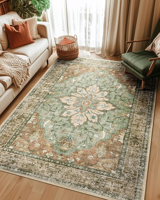 Area Rugs 5'x7' Washable Non-Slip, Floral Vintage Distress Print Pattern Medallion Carpet for Living Room Bedroom Dining Room, Brick Red Rust Neutral Brown Burnt Orange Green