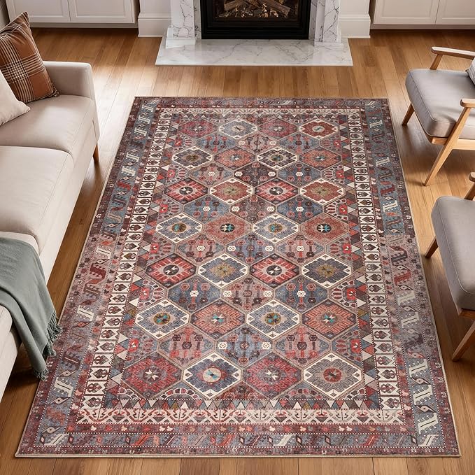 Kuden 4x6 Area Rug, Machine Washable Area Rug with Non-Slip Backing, Vintage Style, Soft, Easy Clean, Low Pile Rug for Living Room, Bedroom, Dining Room