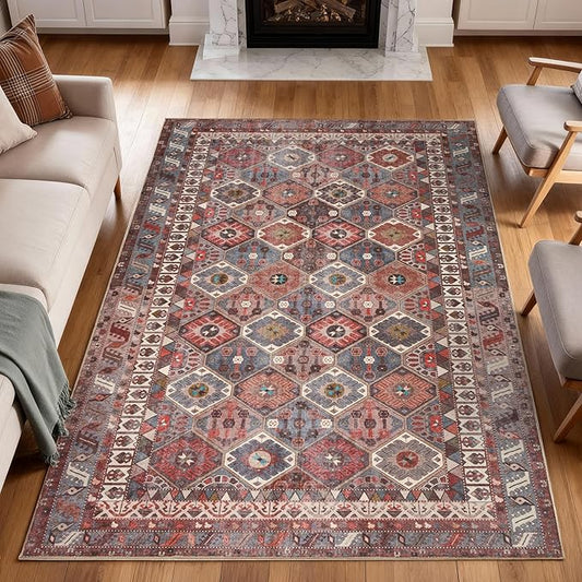 Kuden 4x6 Area Rug, Machine Washable Area Rug with Non-Slip Backing, Vintage Style, Soft, Easy Clean, Low Pile Rug for Living Room, Bedroom, Dining Room
