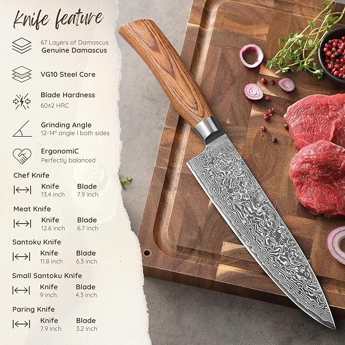 Wakoli EDIB Pro 5-Piece Damascus Knife Set – Professional Chef Knives Set with VG10 Core Blades, 67-Layer Damascus Steel and Ergonomic Pakkawood Handles – Premium Kitchen Knives in Wooden Gift Box