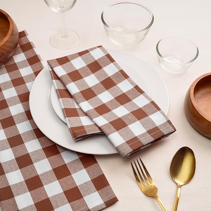 Blue Needles Gingham Buffalo Plaid Cloth Napkins 100% Cotton Set of 12 Dinner Table Napkins 18x18 inch Soft, Reusable, Washable, Ideal for Wedding Parties & Everyday Use - Nut Brown & White
