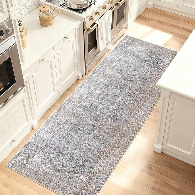 Kuden 2'6"x10 Runner Rug, Machine Washable Area Rug with Non-Slip Backing, Vintage Style, Soft, Easy Clean, Low Pile Rug for Hallway, Entryway, Kitchen, Bedroom