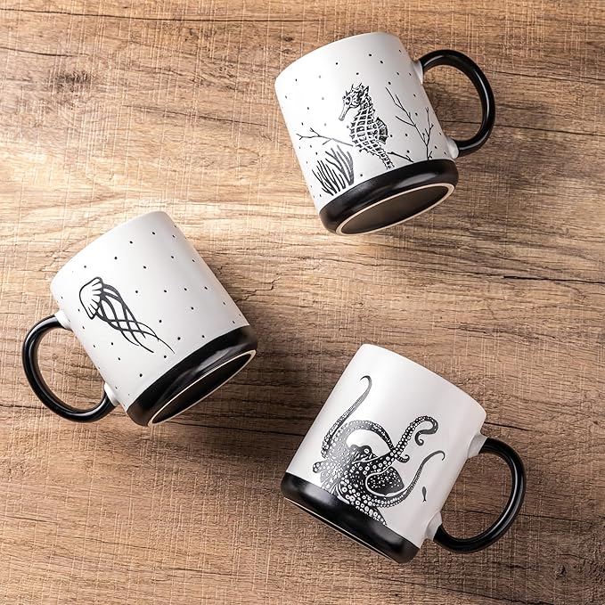 AmorArc Large Coffee Mugs Set of 6, 18oz Ceramic Coffee Cups with Sea Life Textured Patterns for Tea Latte Cocoa. Easy to Hold&Clean, Dishwasher&Microwave Safe, Matte