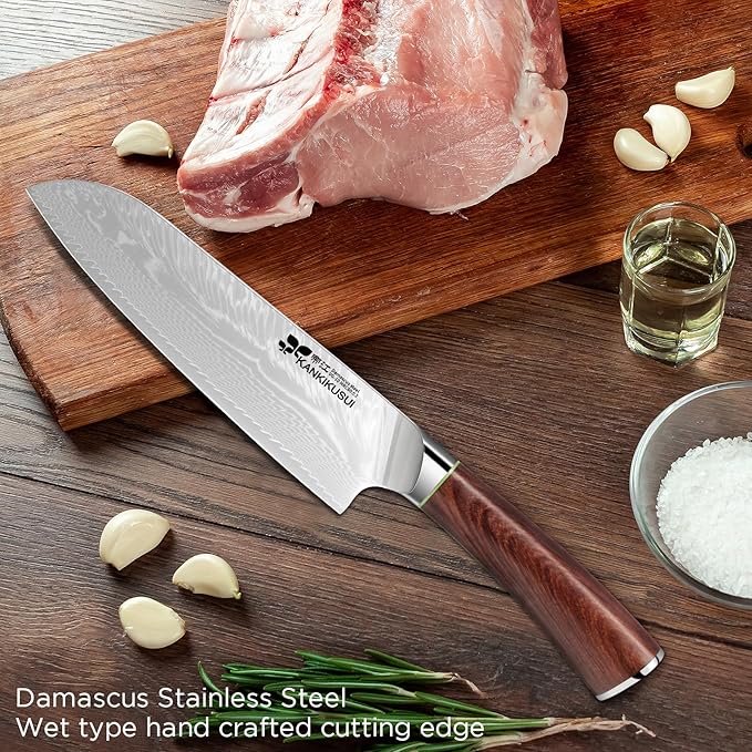 KANKIKUSUI Chefs Knife Damascus Forged 7" Japanese VG-10 Super Steel 67 Layer Damascus Steel, Sharp Versatile, Red Sandalwood Handle, Luxury Gift Box, Scabbard, Sharpener