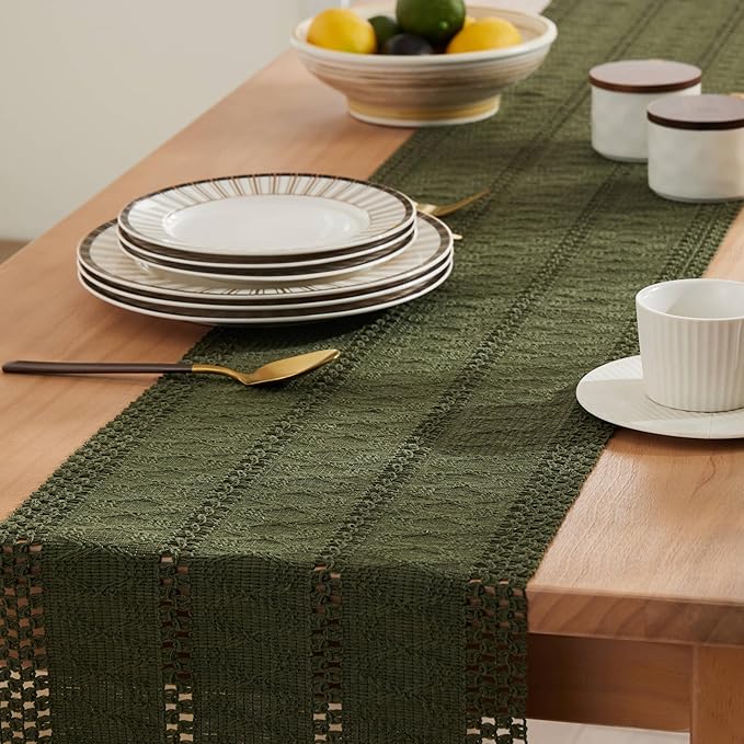 ZeeMart Macrame Style Boho Table Runner, Olive Green Table Runners 60 Inches Long, Farmhouse Woven Home Decor, 12x60 Inch, Olive