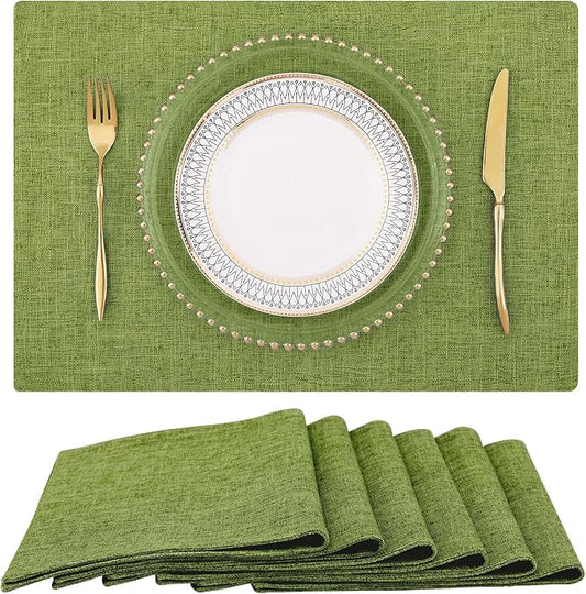 homing Cotton Linen Placemats Set of 6, Cloth Washable Farmhouse Dining Table Mats for Indoors & Outdoors, Easy to Clean, Grass Green, 13 x 19 Inch