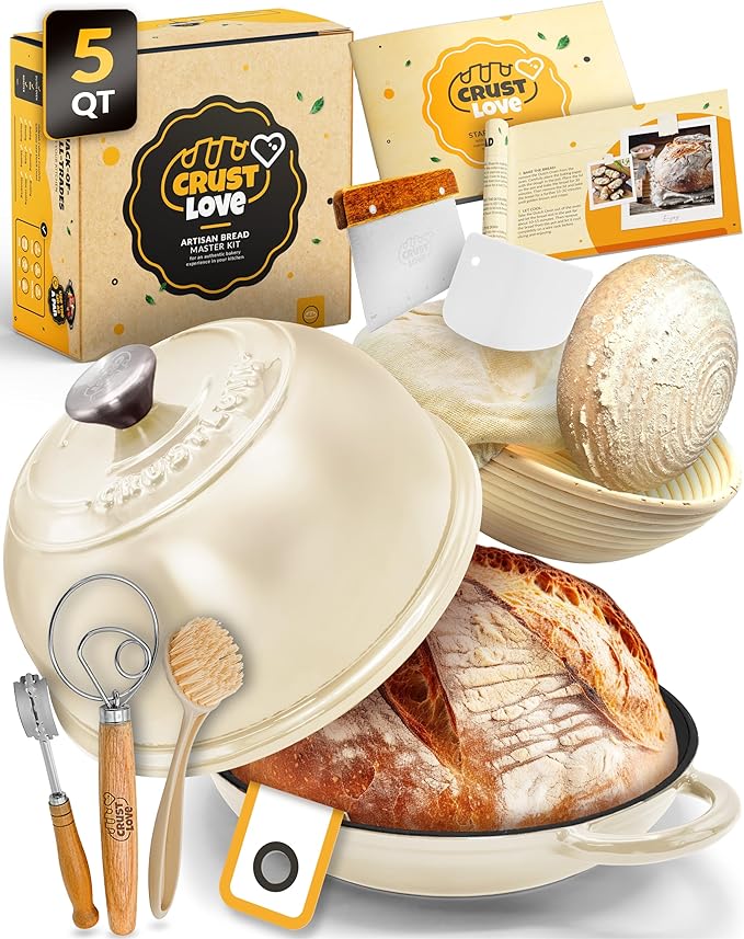 CRUSTLOVE Dutch Oven Bread Baking - 5QT Enamel Bread-Oven - incl Sourdough Bread-Baking Suppliers like Dough Whisk Scoring Lame etc Bread-Dome Cast Iron Bread-Pan with Lid for Sour dough, Bread-making