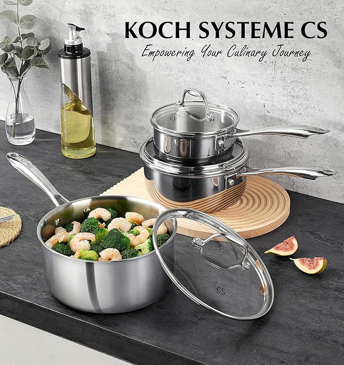 KOCH SYSTEME CS Triply Stainless Steel Saucepan, 3 Quart Stainless Steel Pot with lid, Large Cooking Pot, 3QT Sauce Pan with Stay Cool Handle, Induction Compatible Pot, Oven Safe 600°F