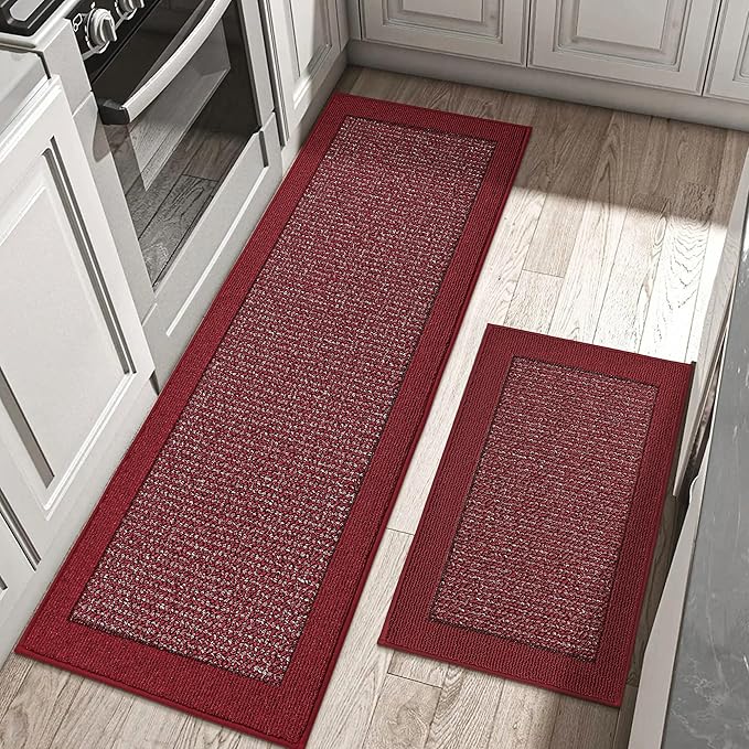 BEQHAUSE Kitchen Rugs and Mats Set of 2 Non-Slip Kitchen Mats for Floor, Absorbent and Stain Resistant Kitchen Runner, Machine Washable Rugs for Kitchen, Laundry & Sink, 24"x36"+24"x60", Red