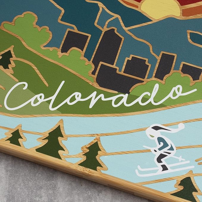 Totally Bamboo Colorado State Shaped Cutting Board and Charcuterie Serving Platter with Artwork by Summer Stokes, Includes Hang Tie for Wall Display 14-1/2" x 10-3/4" x 5/8"