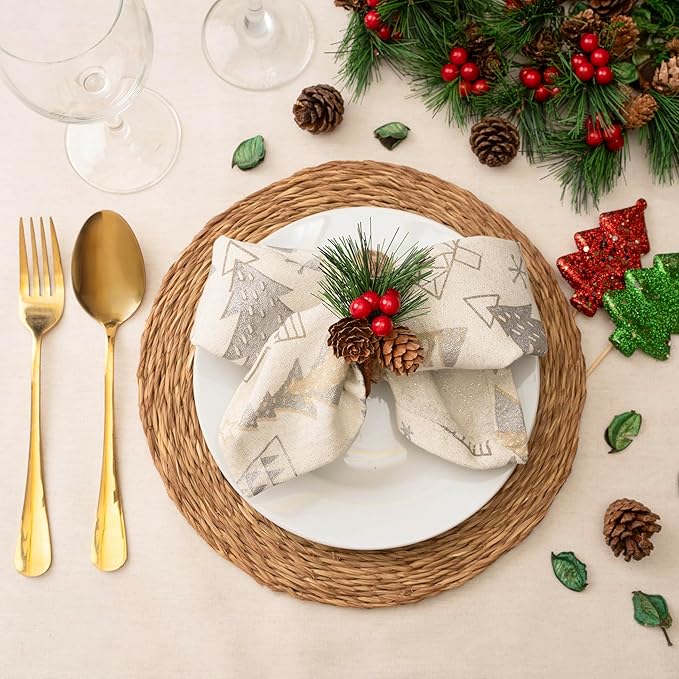 Blue Needles Set of 12 Christmas Buffalo Plaid Cloth Napkins - 100% Cotton Christmas Trees Gingham Checked Napkins 18 x 18 Inches, Soft, Reusable & Washable Ideal for Festive Parties and Decoration
