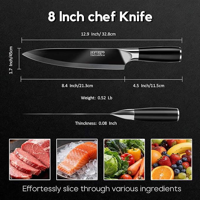 8" Chef's Knife, Japanese Hand Forged Chefs Knife High Carbon Steel Core with Black wooden Ergonomic Handle, Gift Box