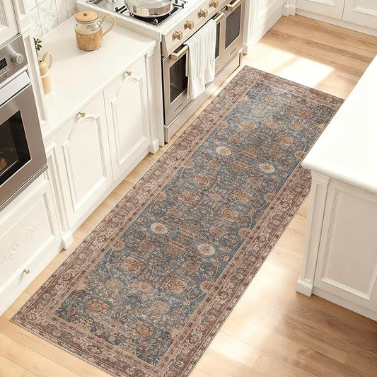 Kuden 2'6"x12 Runner Rug, Machine Washable Area Rug with Non-Slip Backing, Vintage Style, Soft, Easy Clean, Low Pile Rug for Hallway, Entryway, Kitchen, Bedroom