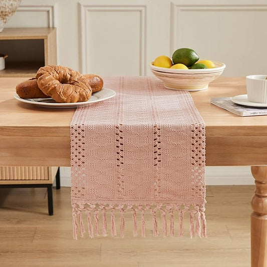 ZeeMart Macrame Style Boho Table Runner, Pink Table Runners 72 Inches Long, Farmhouse Woven Home Decor, 12x72 Inch, Light Pink