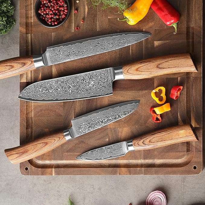 Wakoli EDIB Pro 4-Piece Damascus Knife Set – Professional Chef Knives Set with VG10 Core Blades, 67-Layer Damascus Steel and Ergonomic Pakkawood Handles – Premium Kitchen Knives in Elegant Gift Box