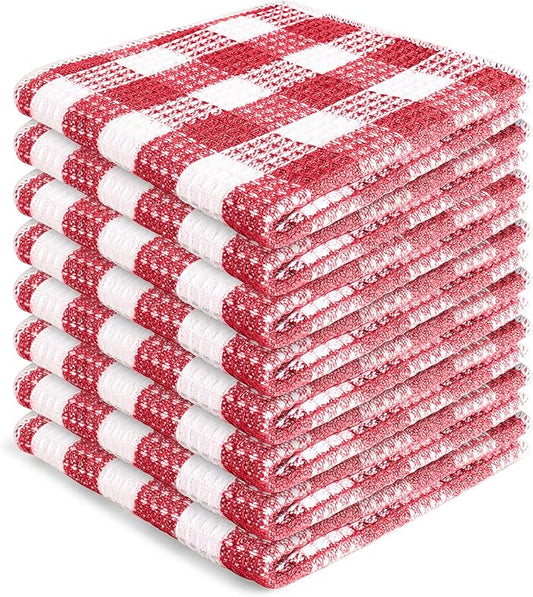 Blue Needles Waffle Weave Check Plaid Dish Cloths, 12x12 Inches 100% Cotton Set of 8 Dish Towels for Kitchen, Ultra Soft & Absorbent Kitchen Towels for Quick Drying Spring Summer - Burgundy & White