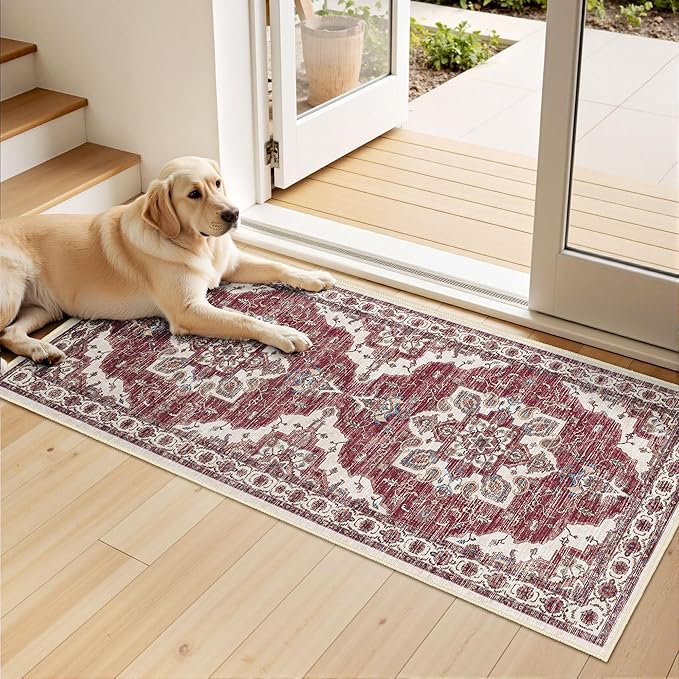 Tritard Non Slip Kitchen Rugs Sets of 3 Washable Kitchen Rug Boho Kitchen Mats for Floor Soft Kitchen Runner Rug Non Skid Kitchen Floor Carpet for Entryway Hallway Laundry Room, Brick Red