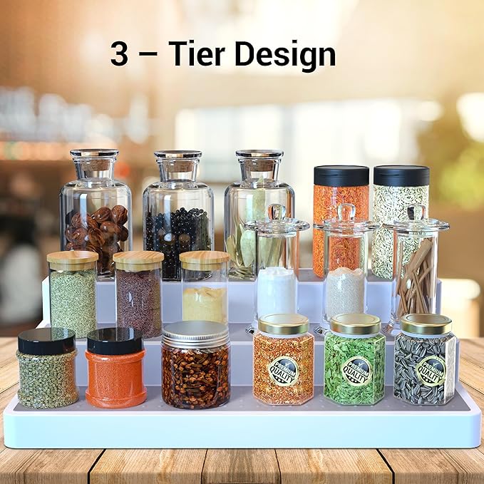 YAN & HIN 3pcs/set 3-Tier Spice Rack Organizer for Cabinet with Non-Skid Surface, Seasoning Racks, Shelf Organizers, Kitchen Spice Storage & Pantry Organization, 14 x 7 x 2.95 inches