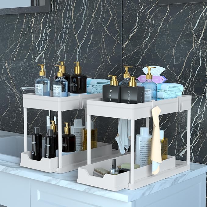 DEKAVA Cabinet, 2 Pack Under Sink Organizer, 2 Tier Sliding Bathroom Kitchen Organizer, Large White ABS Baskets, Easy Install & Clean