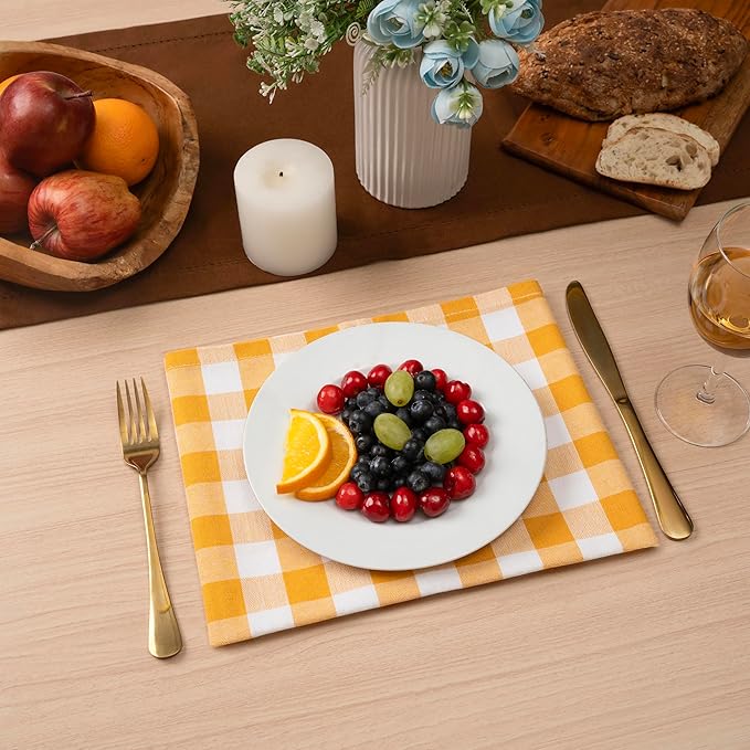 Blue Needles Gingham Buffalo Plaid Cloth Napkins 100% Cotton Set of 12 Dinner Table Napkins 18x18 inch Soft, Reusable, Washable Ideal for Wedding Parties Everyday Use - Golden Yellow & White
