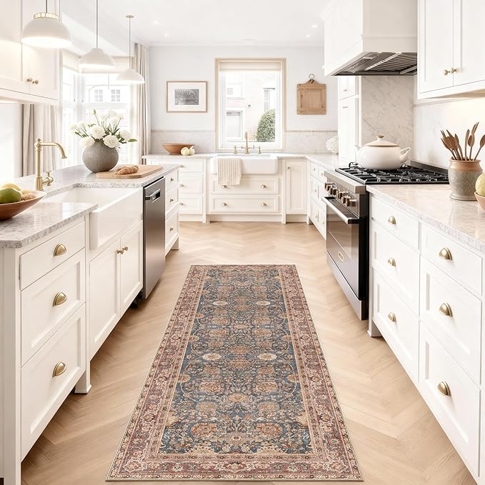 Kuden 2'6"x12 Runner Rug, Machine Washable Area Rug with Non-Slip Backing, Vintage Style, Soft, Easy Clean, Low Pile Rug for Hallway, Entryway, Kitchen, Bedroom