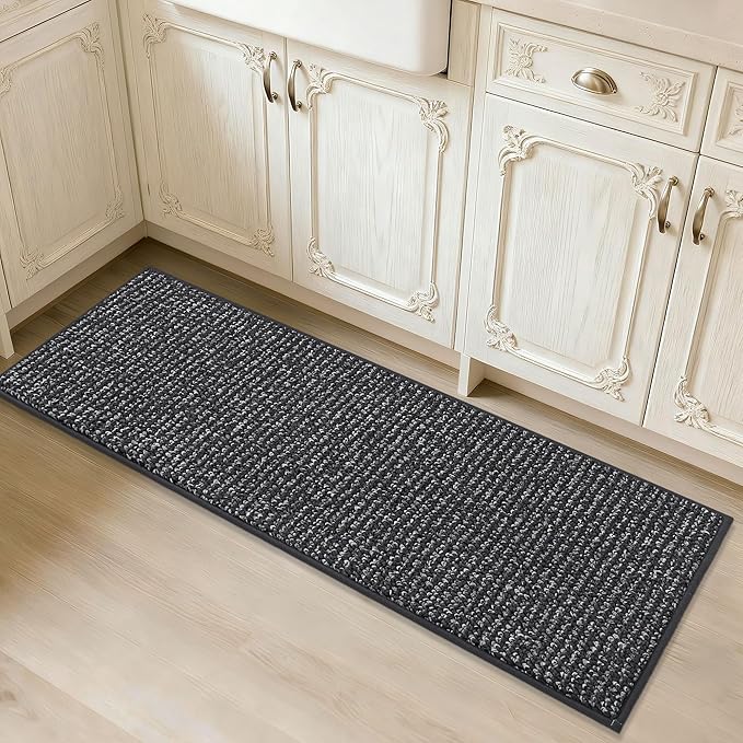 JSEI Kitchen Runner Rugs, 17''x48'' Non-Slip Kitchen Mats for Floor, Machine Washable Absorbent and Stain Resistant Kitchen Rug, Carpet Mats with TPR Backing for Kitchen, Charcoal