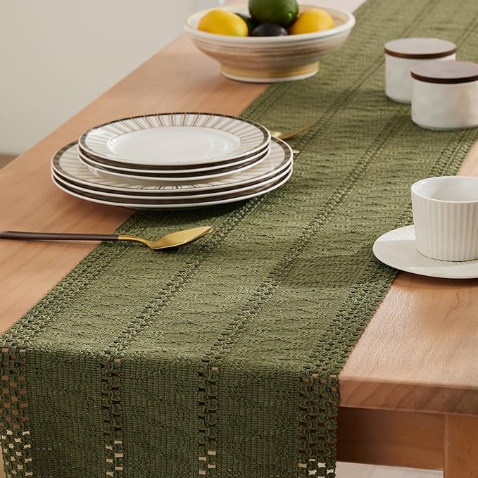ZeeMart Macrame Style Boho Table Runner, Moss Green Table Runners 108 Inches Long, Farmhouse Woven Home Decor, 12x108 Inch, Moss