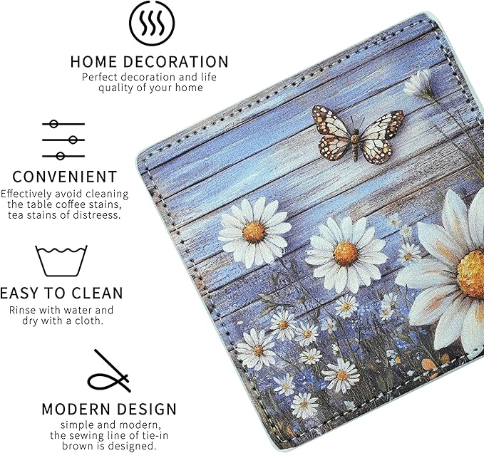 Marble Coasters Square Leather Drinks Coaster Set with Holder for Coffee Table Bar Home Decor 4 Inches Set of 6 (Butterfly, One Size)