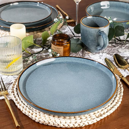 GBHOME 32 Pieces Double Bowls Ceramic Dinnerware Sets for 8, Stoneware Plates and Bowls Set with Reactive Glaze, Scratch Resistant Stoneware Dishes Set, Dishwasher & Microwave Safe