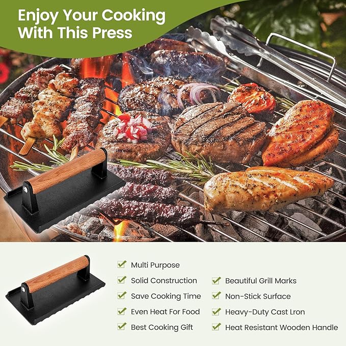 Whaleme Burger Press, 8”X4”Rectangle Heavy-Duty Cast Iron Smash Burger Press Griddle Accessories with Heat Resistant Wood Handle for Blackstone Griddle, Ideal for Panini, Steak & Sandwiches