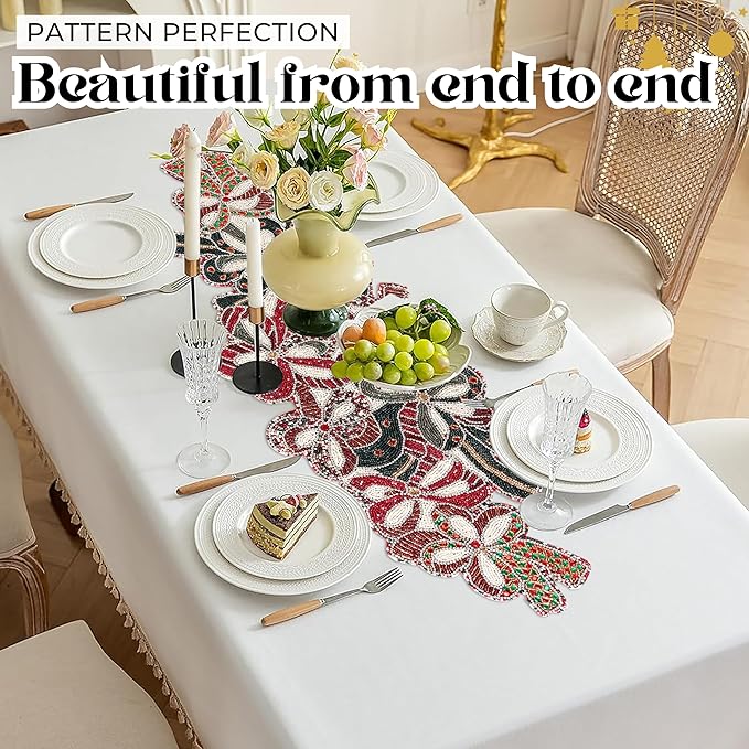 Decorative Beaded Runner 36 Inch, 13x36 Inch Handcrafted Glass Beads & Polyester | Premium Holiday, Christmas & Wedding Decor | Elegant Dining Table Accent (Maroon Dark Green) - ALPHA Living HOME