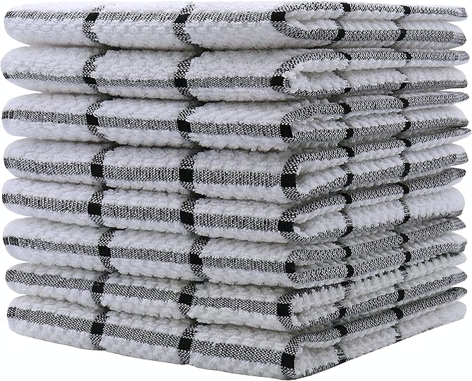 Cotton Dish Towels for Kitchen, Terry Dish Cloths for Washing Dishes, 12 x 12 Inches, Light and Soft, Quick Drying Dish Rags for Cleaning, 8pc/Set (Black)