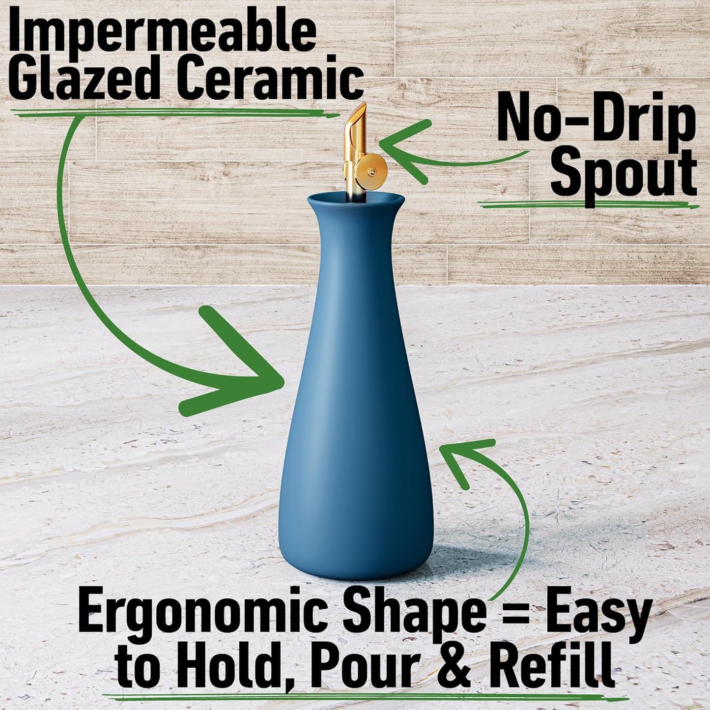 Ceramic Olive Oil Dispenser with Self-Closing Gold Spout - 530 ML Capacity Matte Blue Ceramic Oil Dispenser for Kitchen - Leak Proof EVOO Dispensing Bottle - Stylish, Ergonomic, Durable, Easy Pour