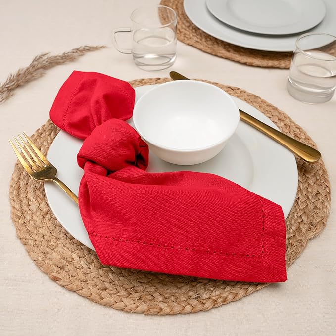 Blue Needles Set of 12 Hemstitch Linen Napkins 100% Cotton Red Cloth Dinner Napkins 18x18 inches, Soft, Reusable, Absorbent, Washable, Ideal for Valentine's Day Events, Parties & Everyday Use