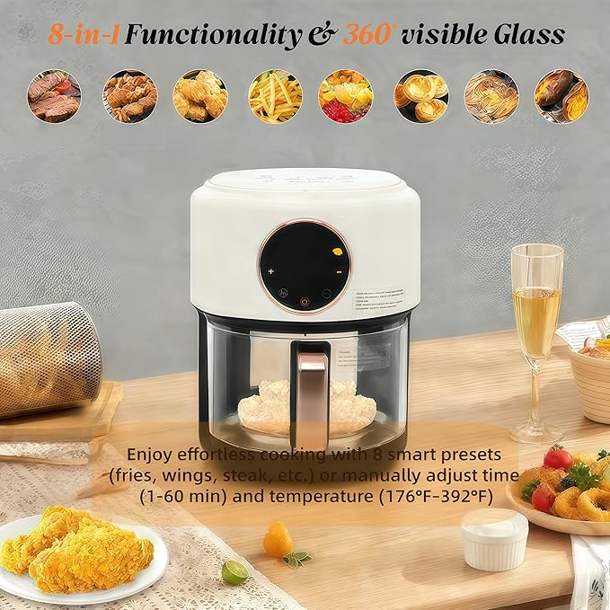 Glass Air Fryer - 4.5 Qt Transparent Viewing Pot with 8-in-1 Preset Cook Modes, 1200W Power & Precise Temp Control, Countertop Convection Oven for Healthy, Oil-Free Cooking (White)