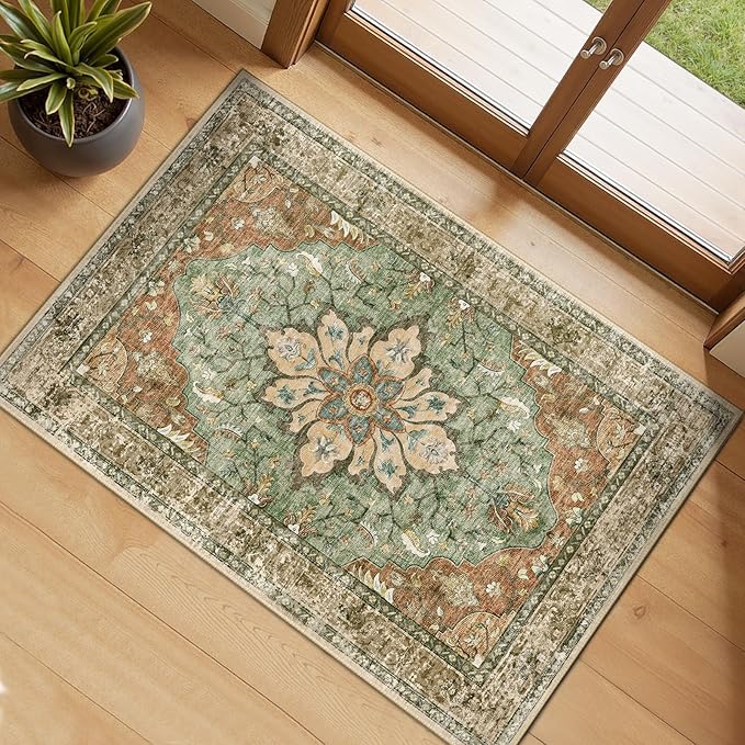 Area Rugs 2'x3' Kitchen Rugs Entry Rug Small Rugs for Entryway Kitchen Bathroom Door Mat Indoor Entrance,Washable Non Slip, Brick Red Rust Neutral Brown Burnt Orange Green
