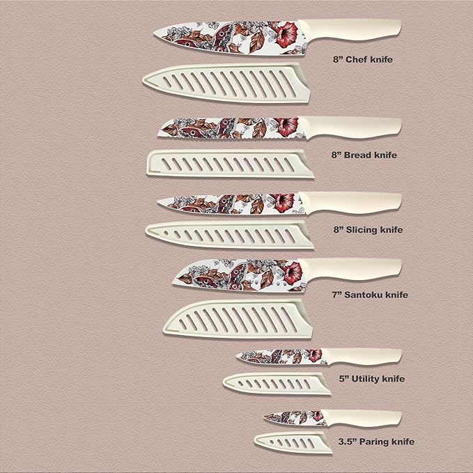 Marco Almond Knife Set Artistic Designed Pattern Kitchen Knife 6 Stainless Steel Kitchen Knives w 6 Blade Guards, Dishwasher Safe Knives for Family Kitchen Knives Set for Chefs