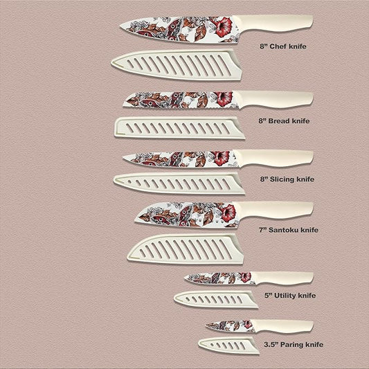 Marco Almond Knife Set Artistic Designed Pattern Kitchen Knife 6 Stainless Steel Kitchen Knives w 6 Blade Guards, Dishwasher Safe Knives for Family Kitchen Knives Set for Chefs